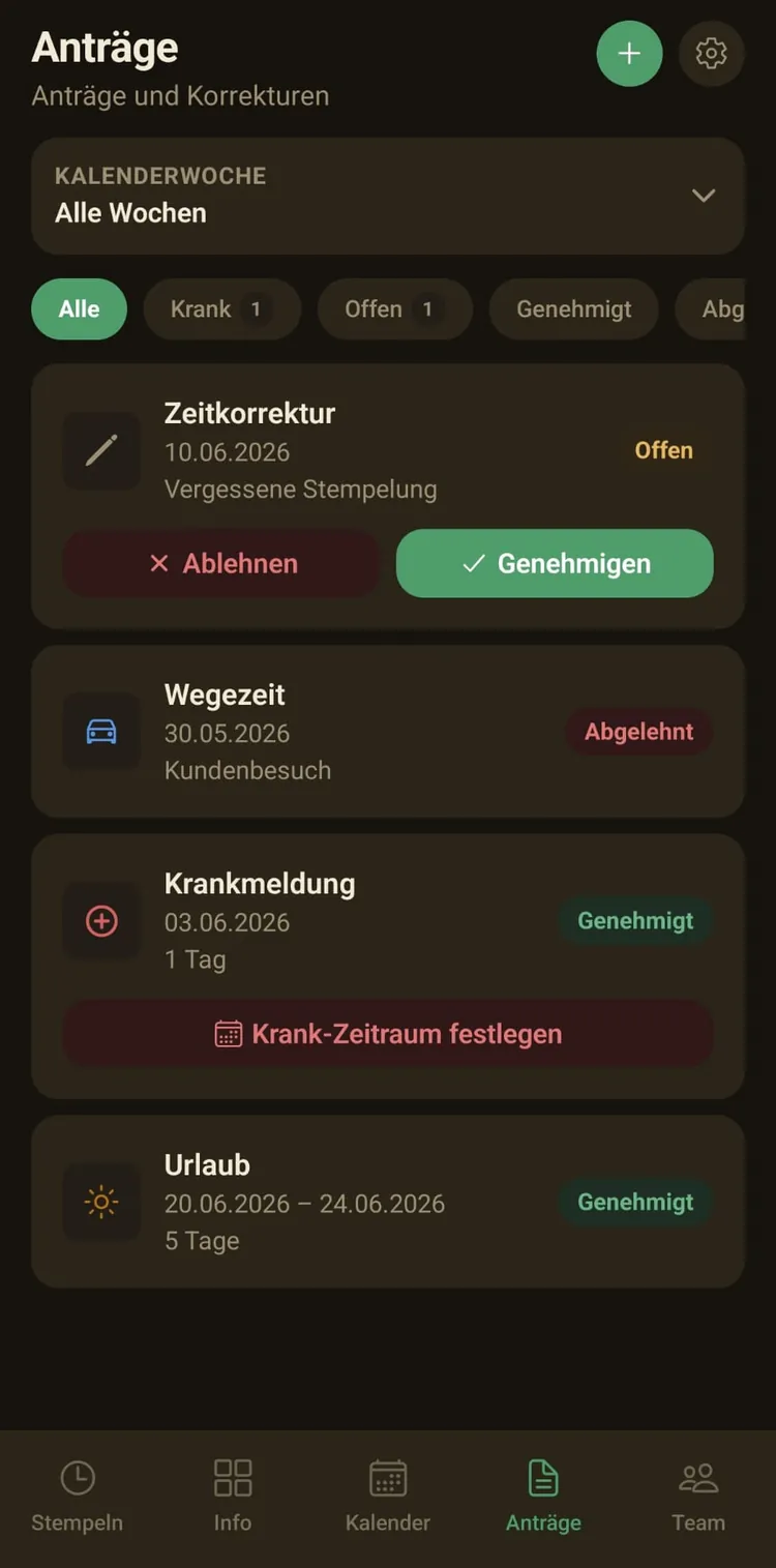 ZeitPilot: Anträge · Status