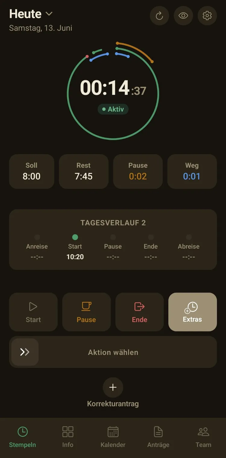ZeitPilot Arbeitszeiterfassung App: Stempeln per Wisch, laufende Schicht