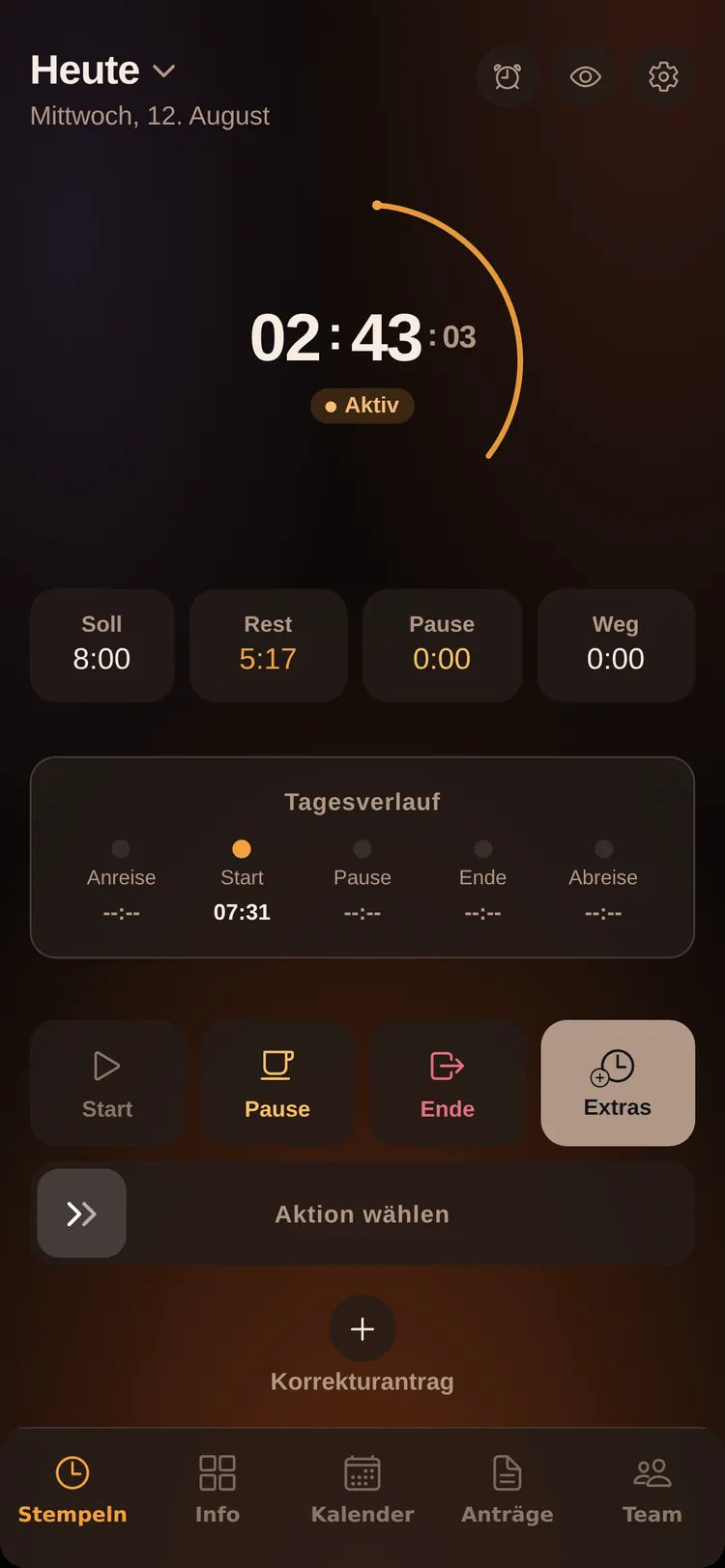 ZeitPilot Arbeitszeiterfassung App: Stempeln per Wisch, laufende Schicht