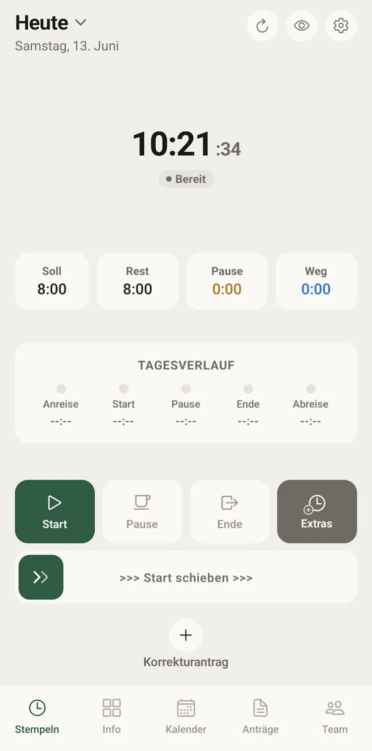 ZeitPilot Zeiterfassung App für KMU: Stempeln, bereit zum Start