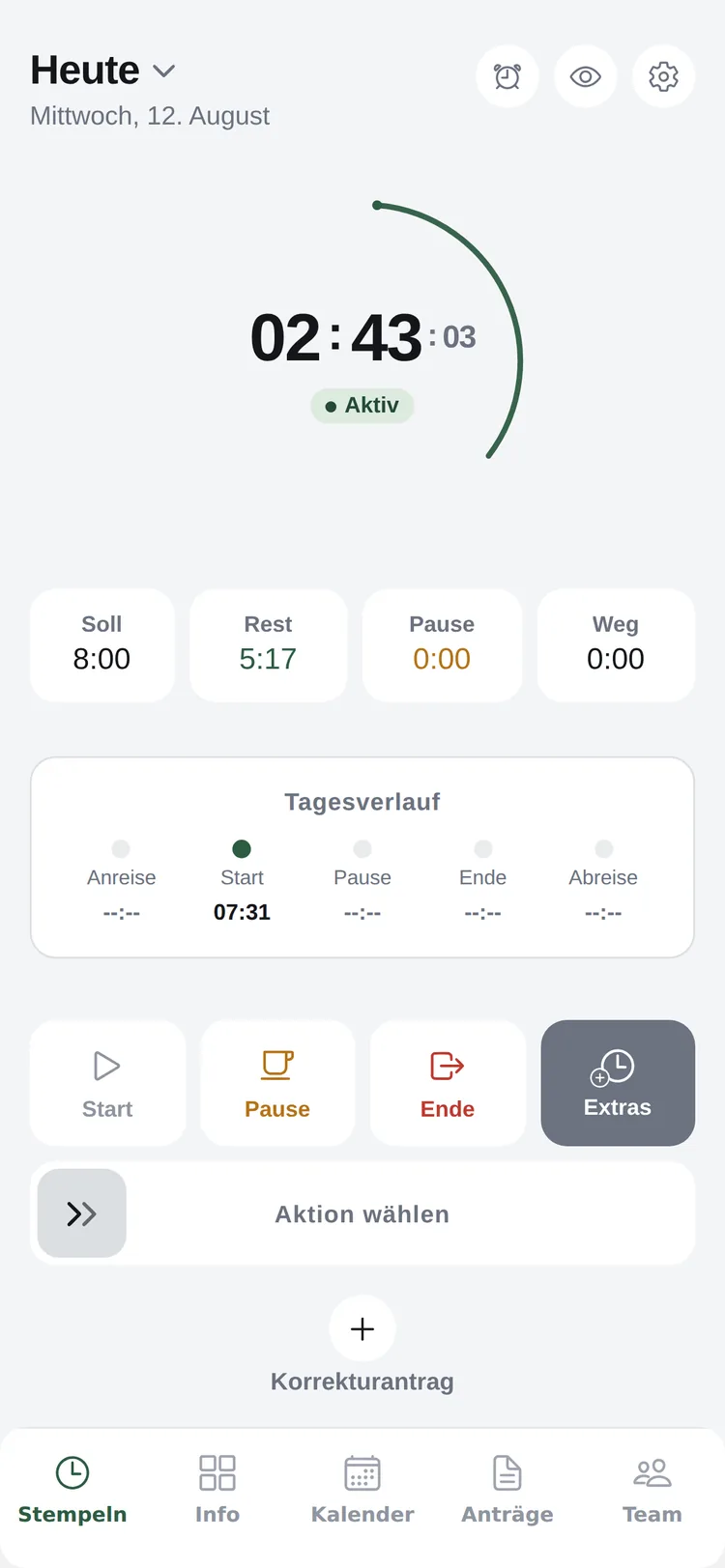 ZeitPilot Zeiterfassung App für KMU: Stempeln, bereit zum Start