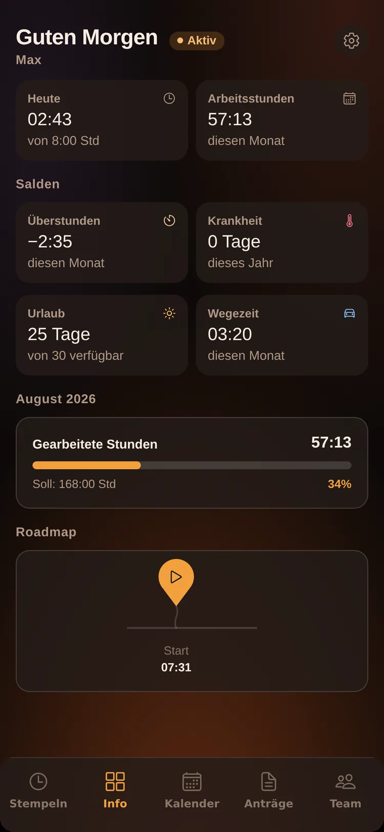 ZeitPilot Zeiterfassung App: Info-Übersicht mit Überstunden und Salden