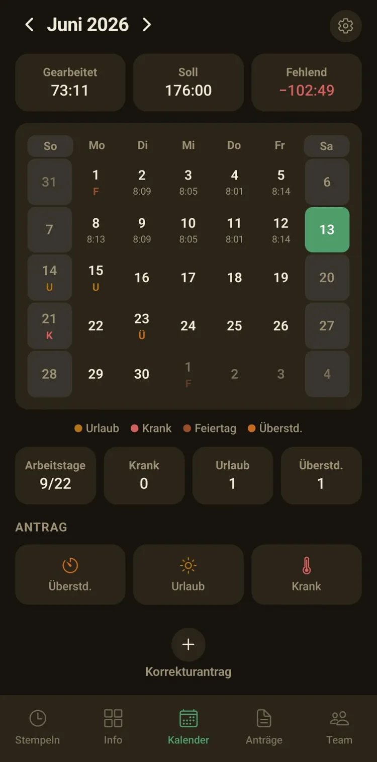ZeitPilot: Kalender · Soll/Ist